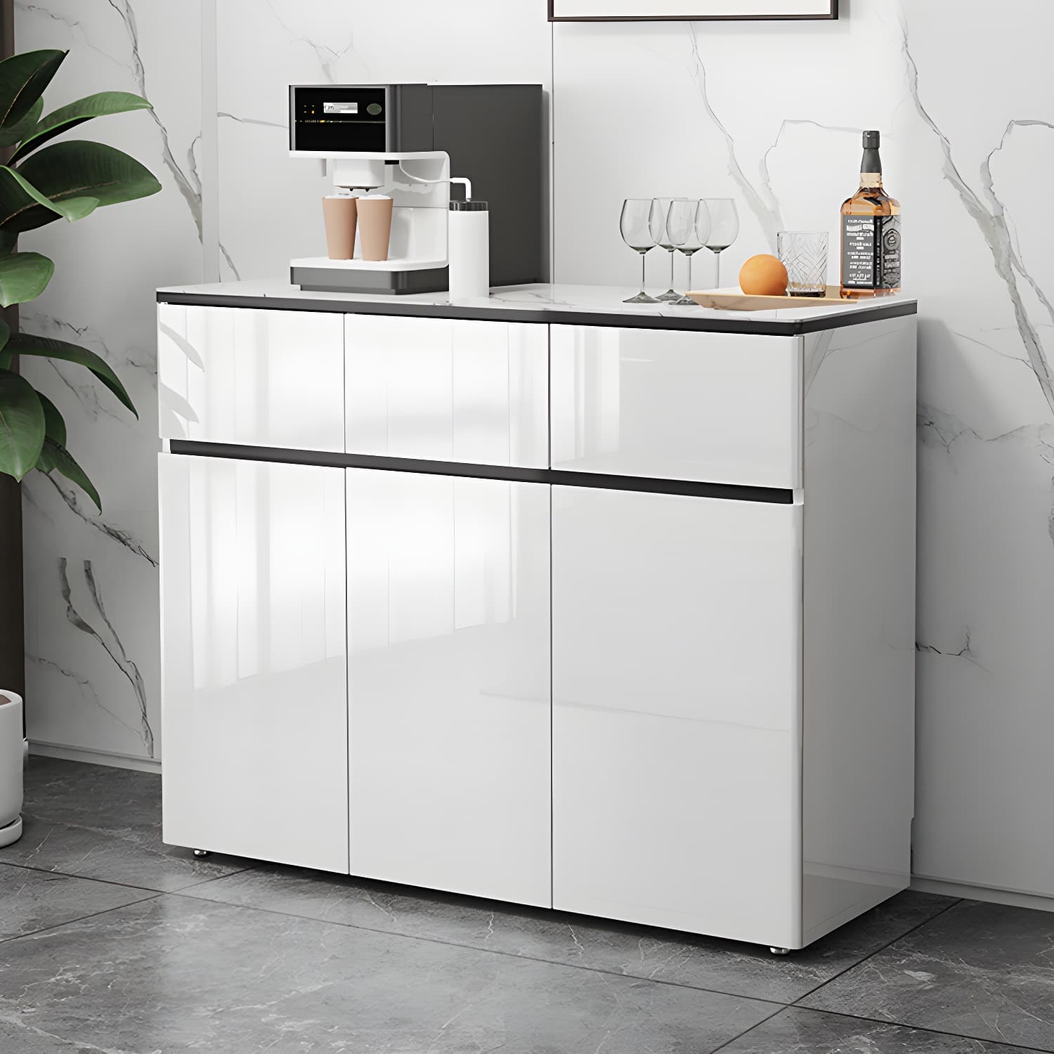 Contemporary Glass Top Sideboard Cabinet with Drawer for Living Room