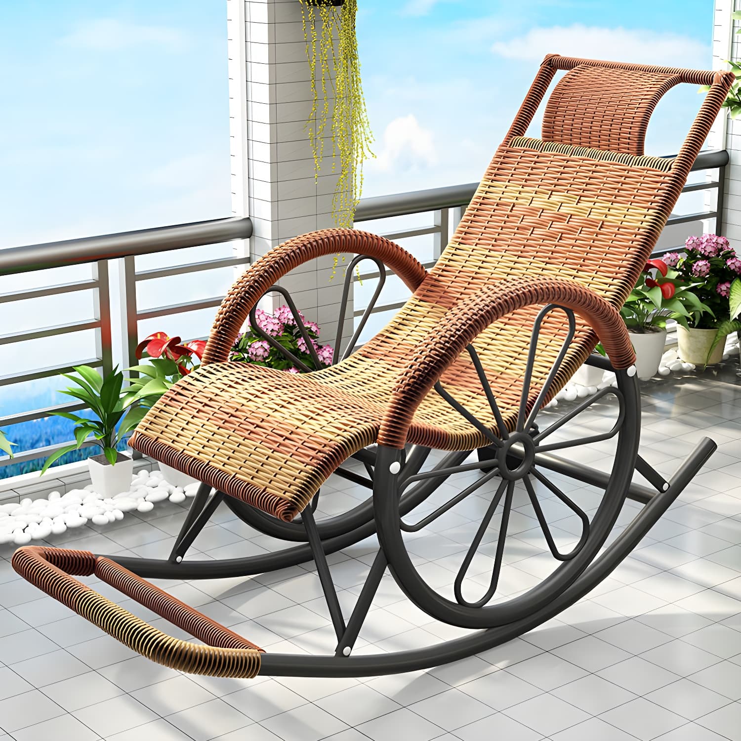 Modern Spindle Rattan Rocking Chair Metal Frame Wheel Handrail Design Rocker Chair - image 4
