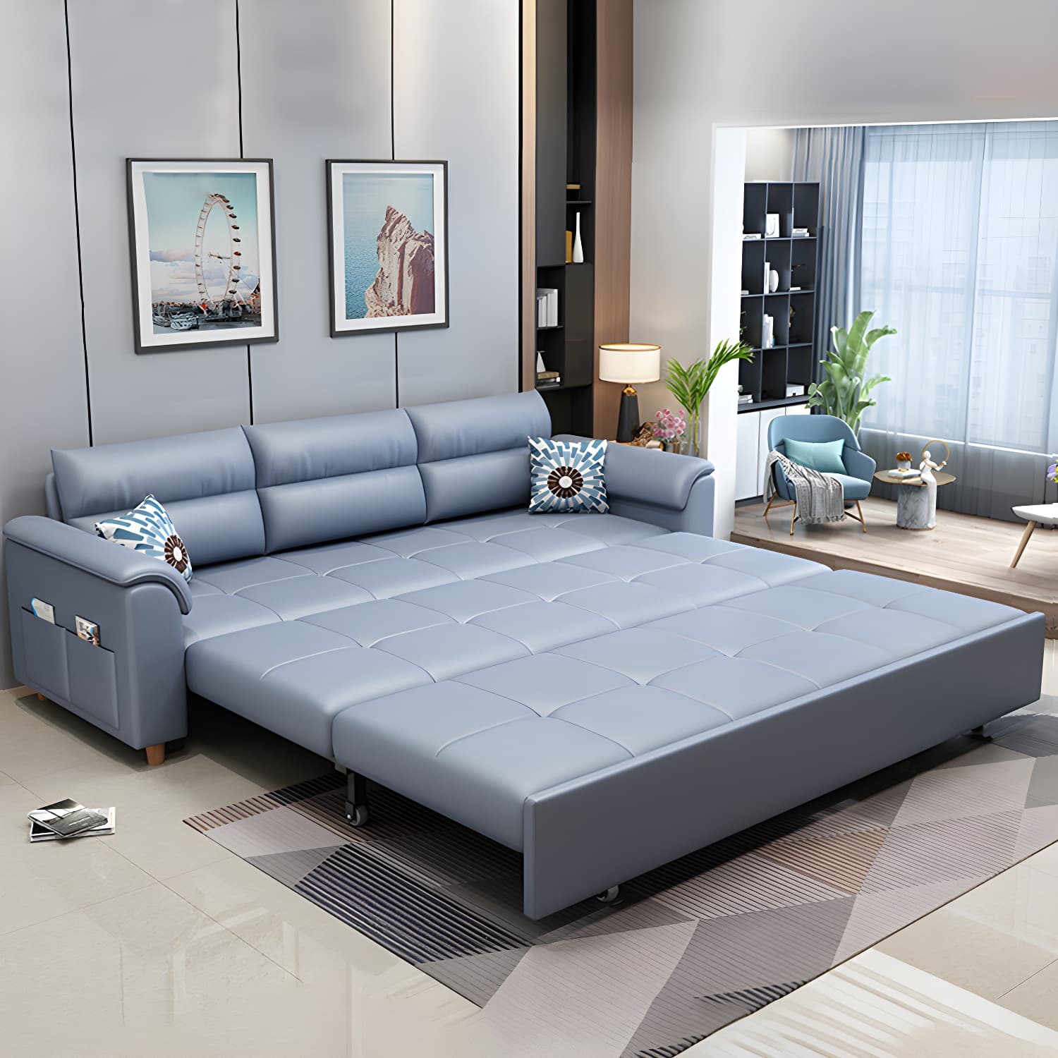 Cotton Blend and Faux Leather Biscuit Back Pillow Top Arm Couch Bed - image 13