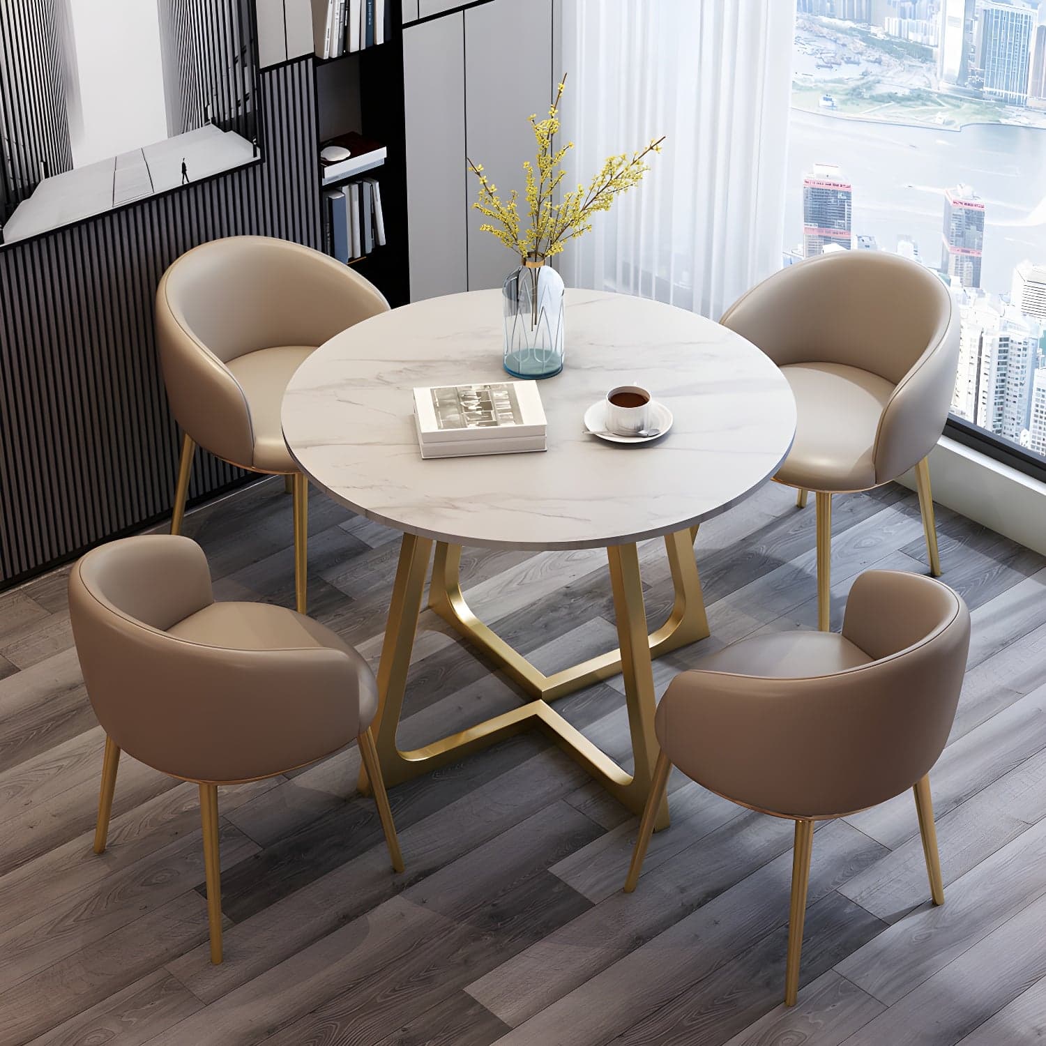 5-Piece Glam Dining Set Round White Table with Gold Metal Base and Upholstered Chairs - image 5