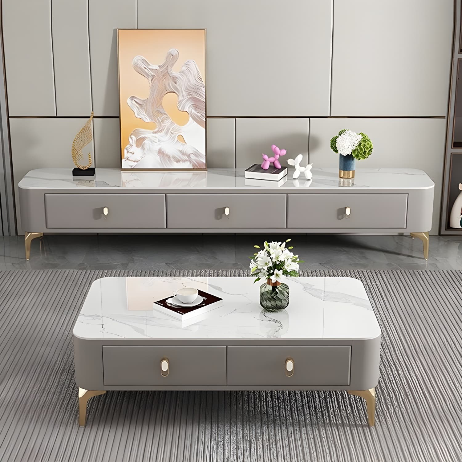 Modern Gold Metal Coffee Table with Stone Top and Built-In Storage Drawers - image 6