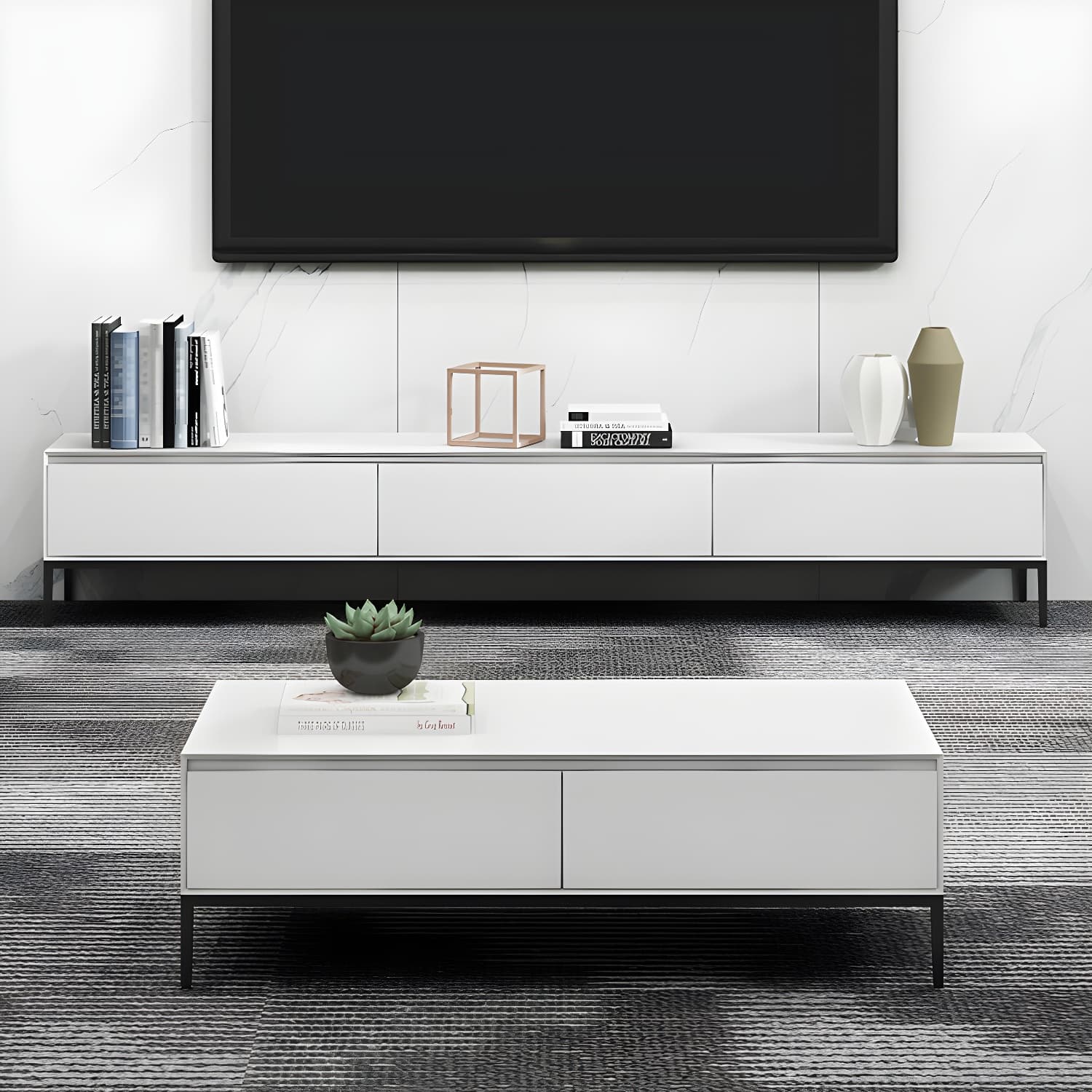 Contemporary Style TV Stand Stone and Engineered Wood TV Cabinet - image 5