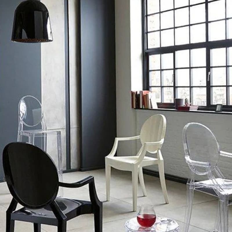 Scandinavian Reliable Arm Chair in Plastic for Dinette with Open Back and Foot Pads - image 10