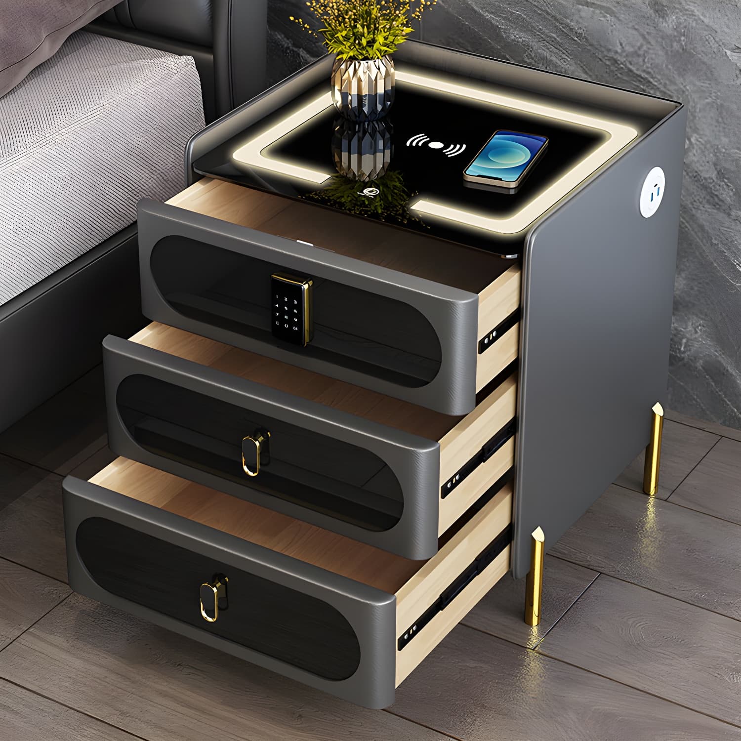 Ornate Bedside Cabinet Made from Solid Wood Shape in Rectangular for Bedroom - image 9