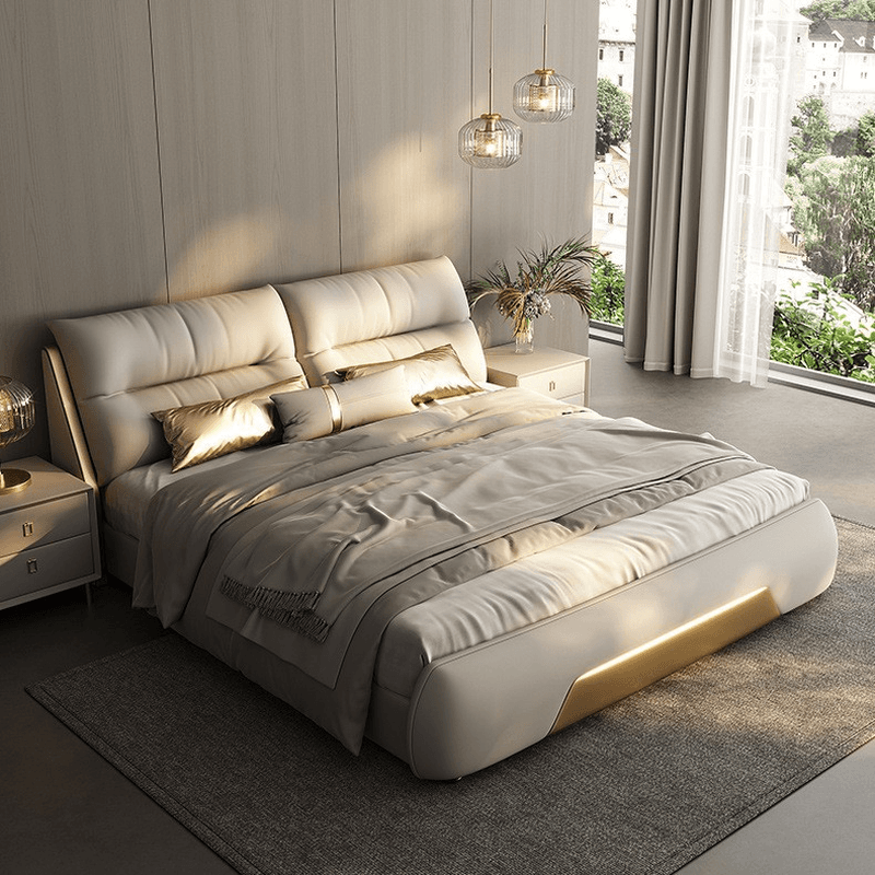 Beige Solid Color Storage Bed/Platform Bed with Pine Wood Frame for Living Room