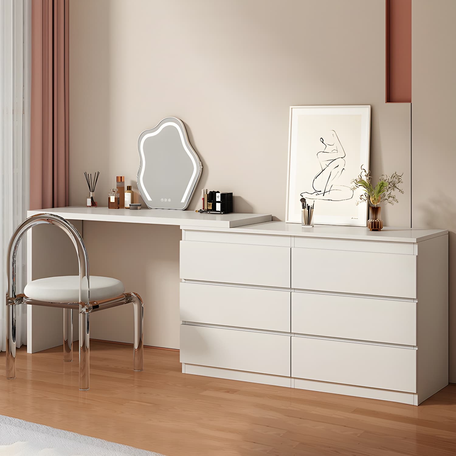 Modern White Wood Makeup Vanity with Soft Close Drawers and Acrylic Chair Include/Not Include