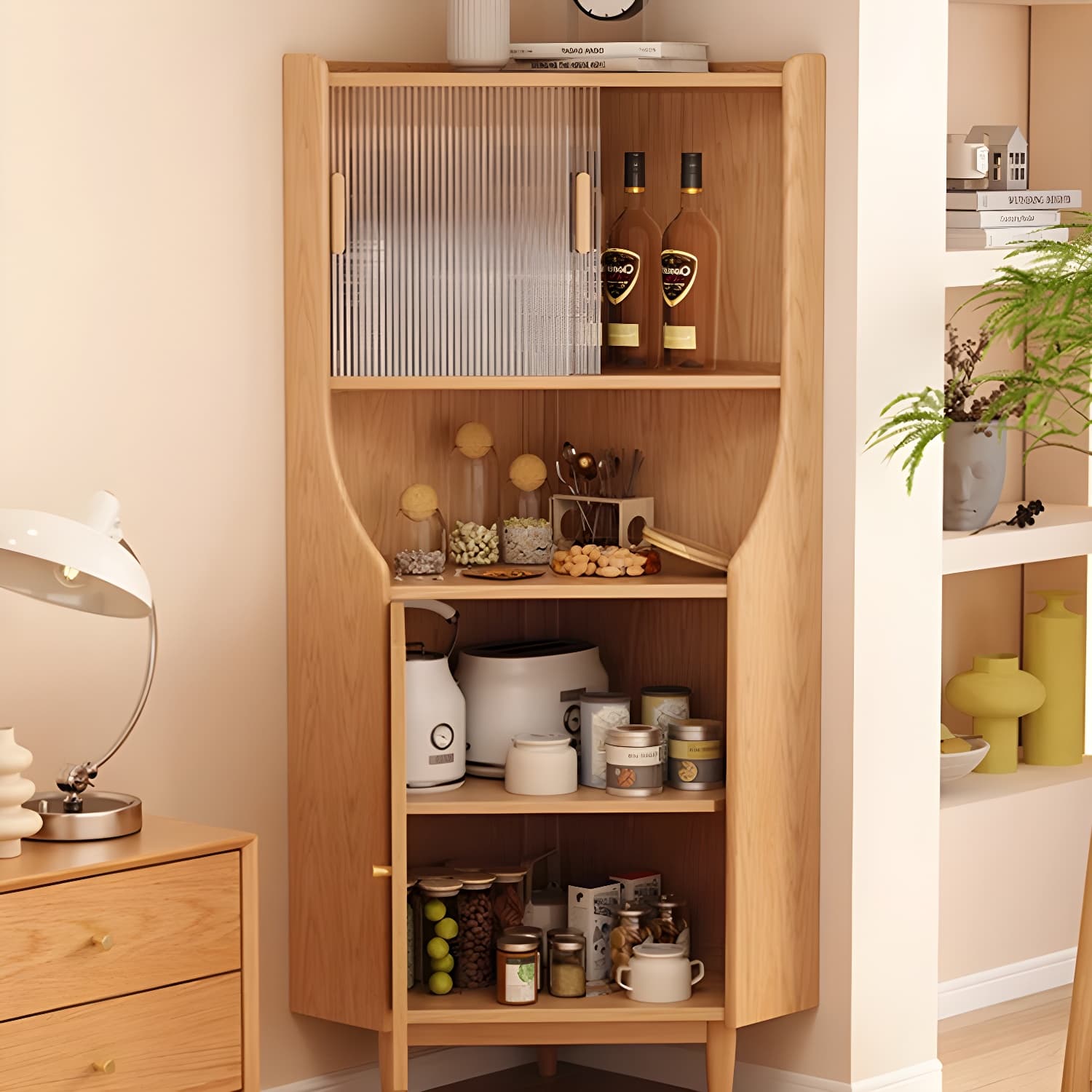 Corner Scandinavian Accent Cabinet with Wood Counter Top and Glass Doors, 2 Exterior Shelves - image 4
