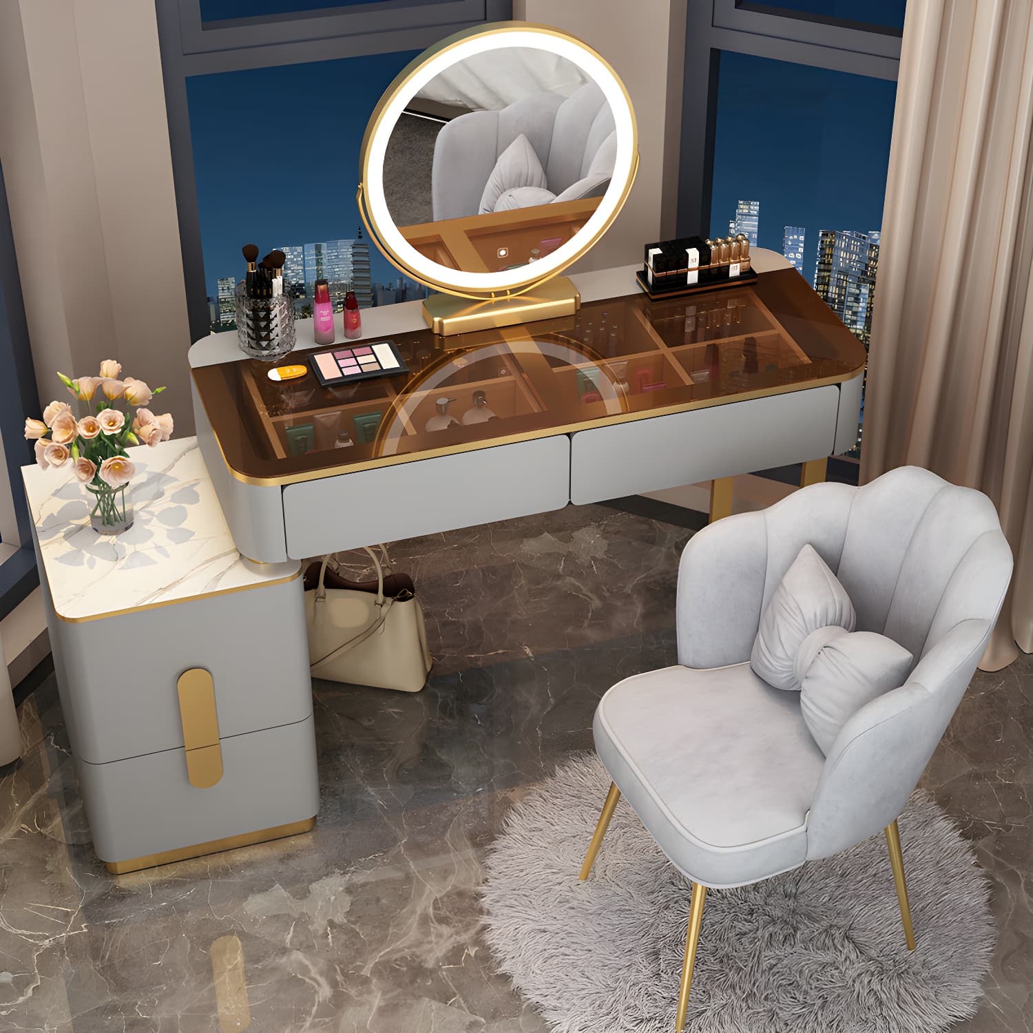 Glam Glass Vanity Dressing Table 29.9" H Bedroom Makeup Counter with Drawer - image 5
