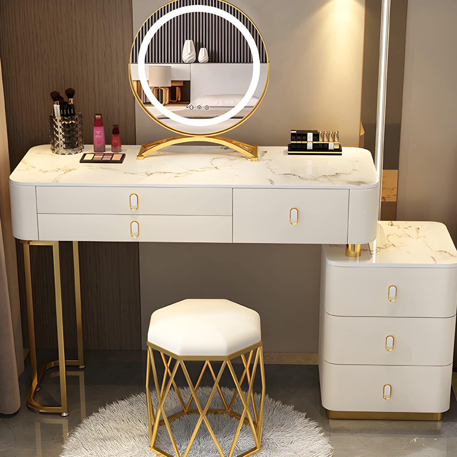 Solid Wood Vanity with 6 Storage Drawers Makeup Vanity Desk with Stool and Mirror - image 15