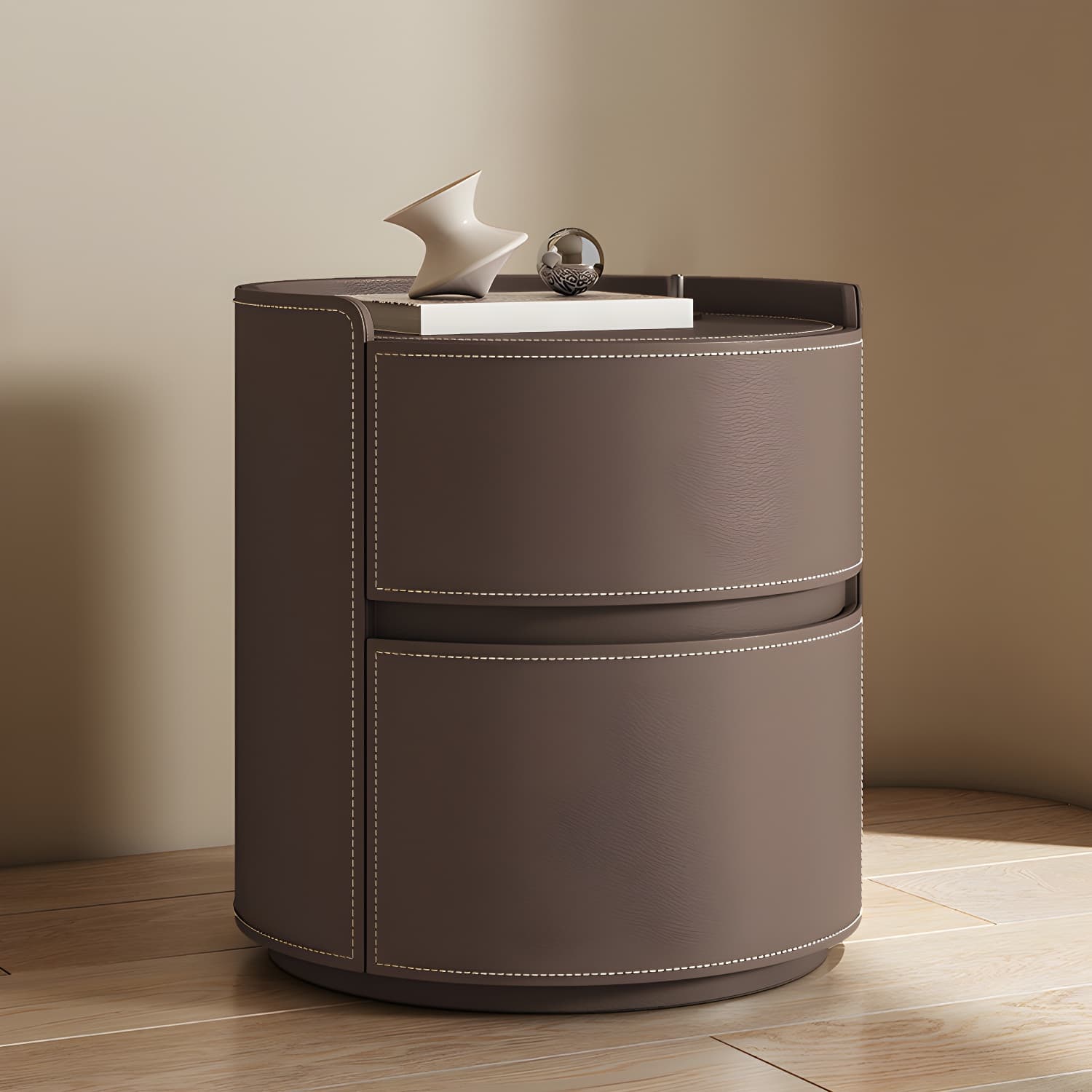 Modern Faux Leather Nightstand with 2 Drawers in Light Wood Tone