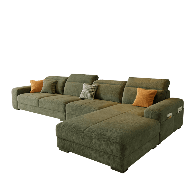 L-Shape Sofa Recliner in Plush Material, White/Light Green, Right Hand Facing