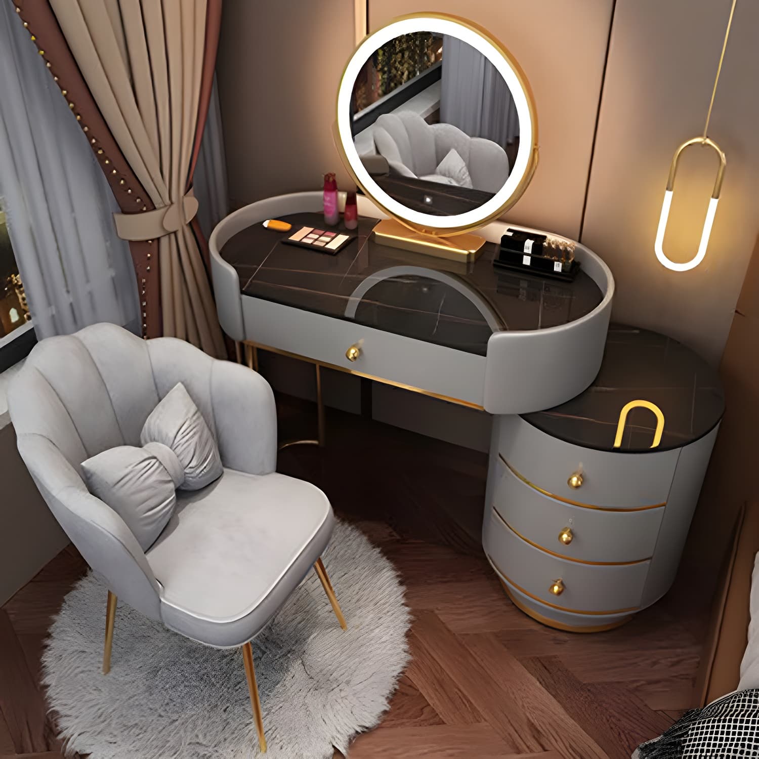 Wooden Makeup Vanity Desk Bedroom Dressing Table Stool Set with Drawer