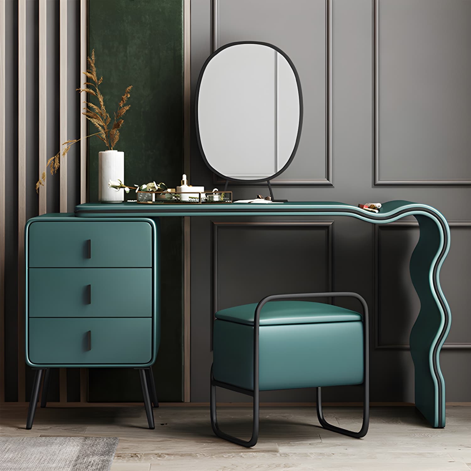 3 Drawers Make-up Vanity Set, 28.74" H Leather Vanity with Stool & Mirror - image 10