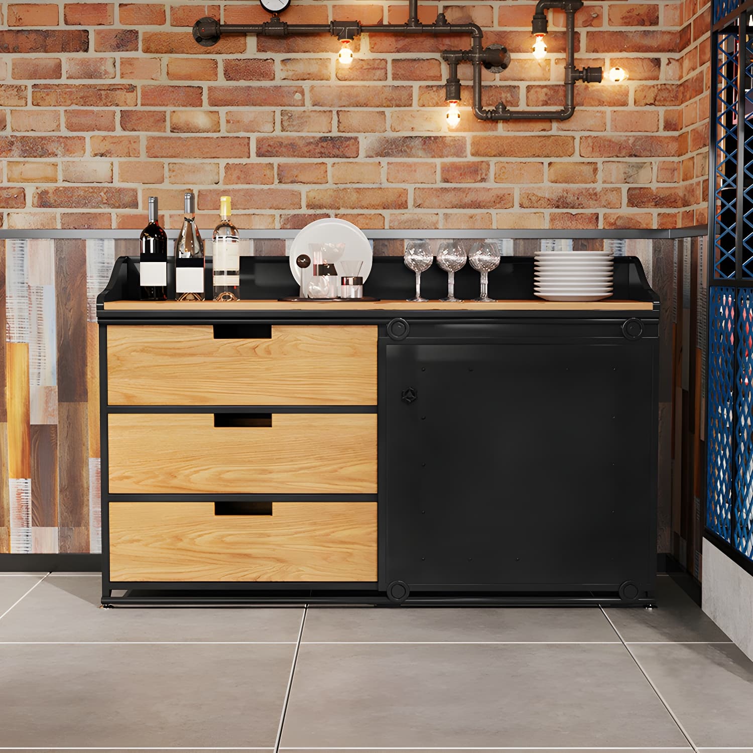 Industrial Metal Sideboard with Drawers, Cabinets, and Open Storage - 3 Drawers, 1 Interior Shelf - image 5