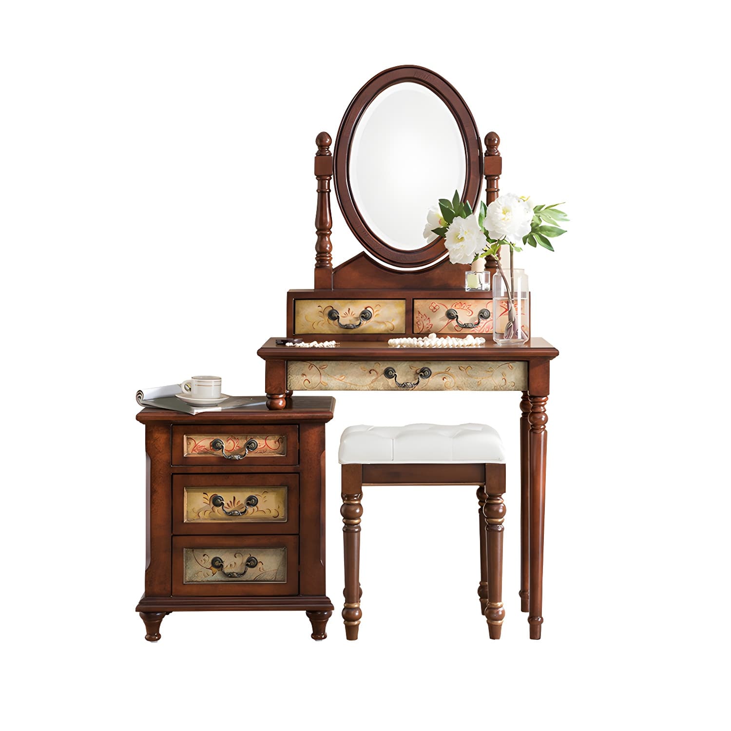 Victorian Vanity Set Solid Wood Drawers Included Makeup Dressing Table With Mirror & Stool - image 8