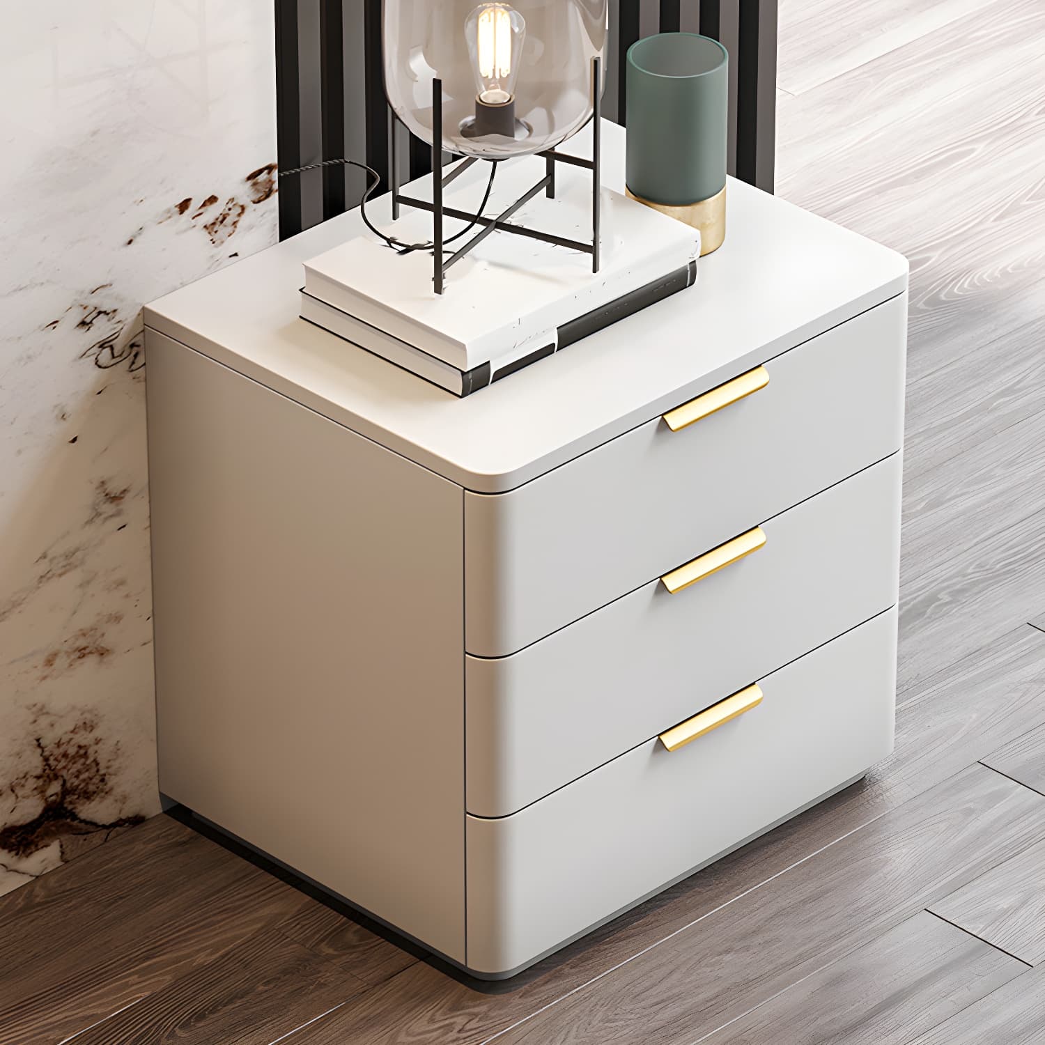 Contemporary Accent Table Nightstand Leather Nightstand with 3 Drawers - image 12