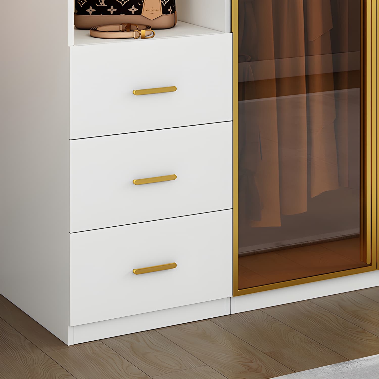 Modern White Wood Frame Wardrobe Armoire Freestanding Wardrobe with Soft Close Drawers - image 9