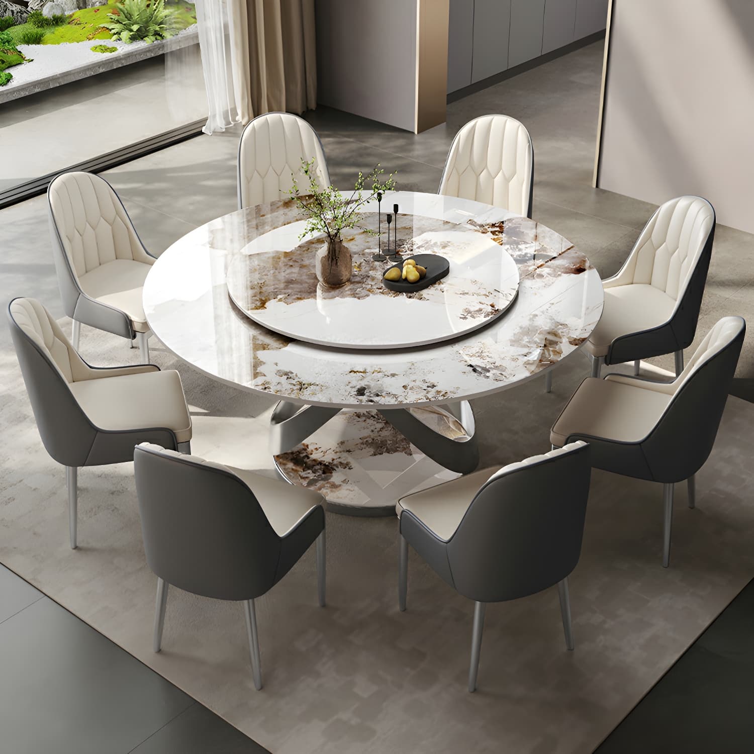 Stunning White Stone Round Dining Table with Lazy Susan and Silver Steel Pedestal Base
