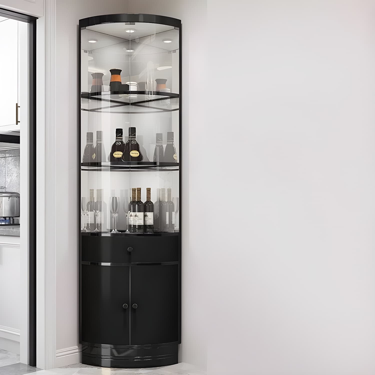 Corner Modern Accent Cabinet with Wood Counter Top, Glass Doors, and Metal Base