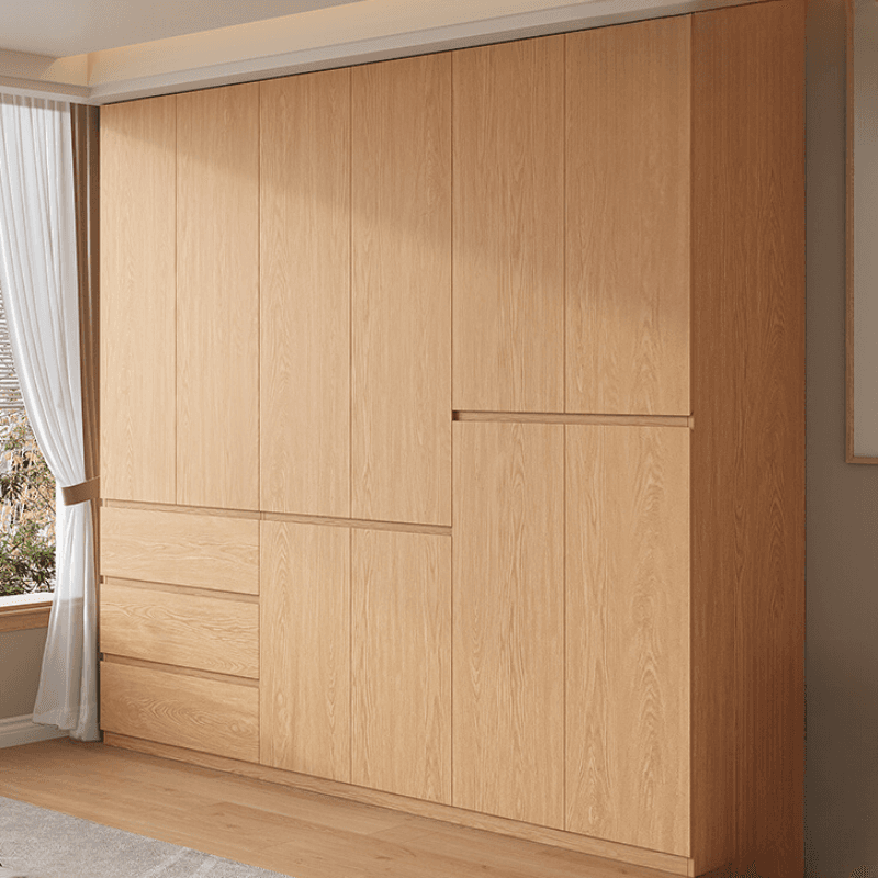 Casual Natural Finish Wood Wardrobe Closet with Soft Close Drawer, Door, Interior Shelves, and Hanging Rod