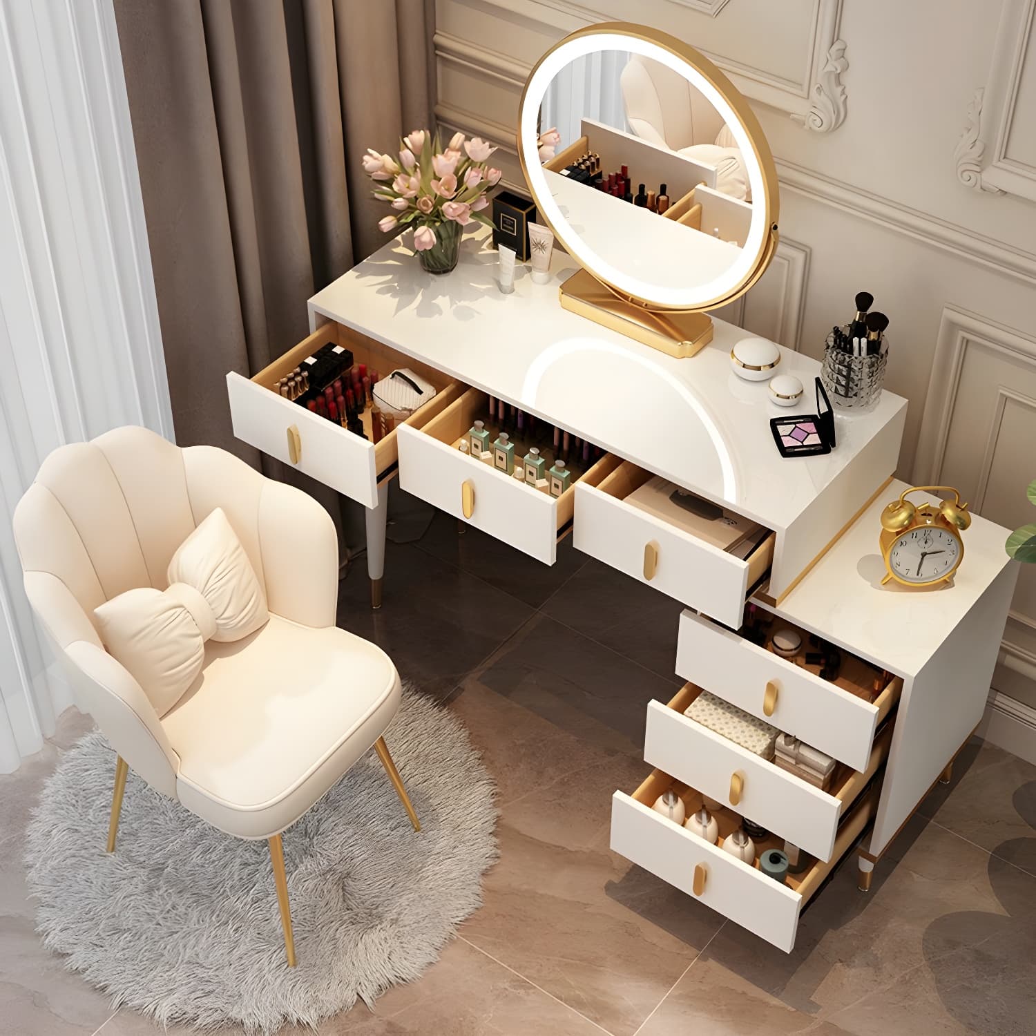Contemporary Make-up Vanity with Wooden Top and Drawers for Bedroom - image 6