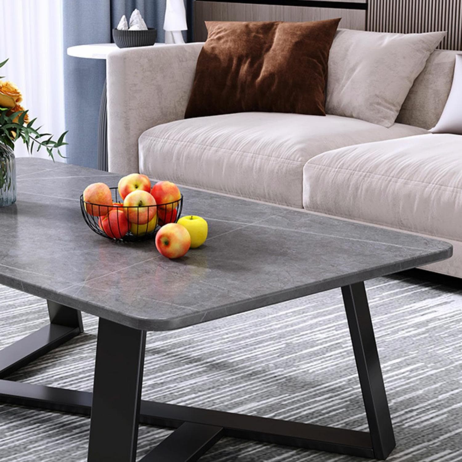 Black Iron Base Stone Top Modern Coffee Table with Cross Legs - image 11
