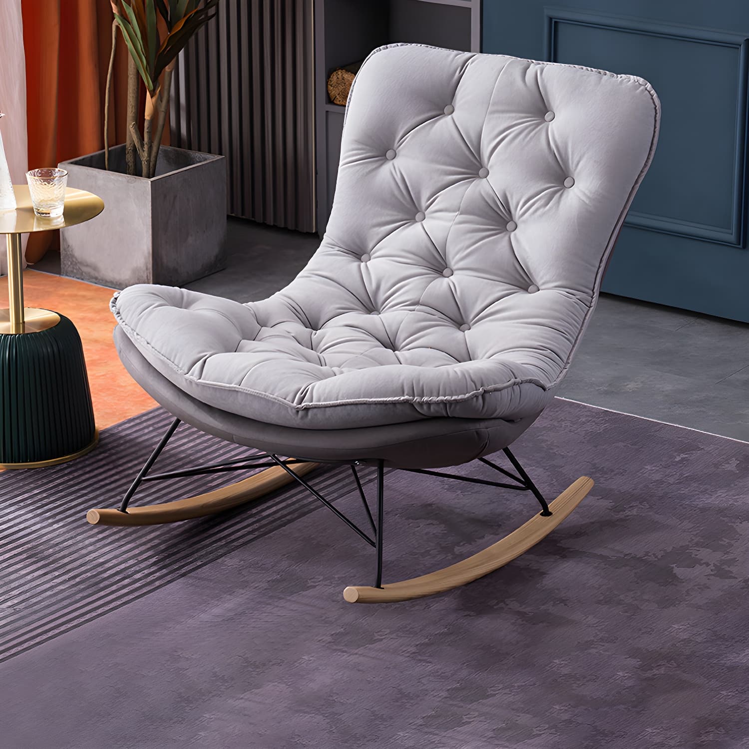 Tufted Rocking Accent Chair Contemporary Solid Wood with Removable Cushions