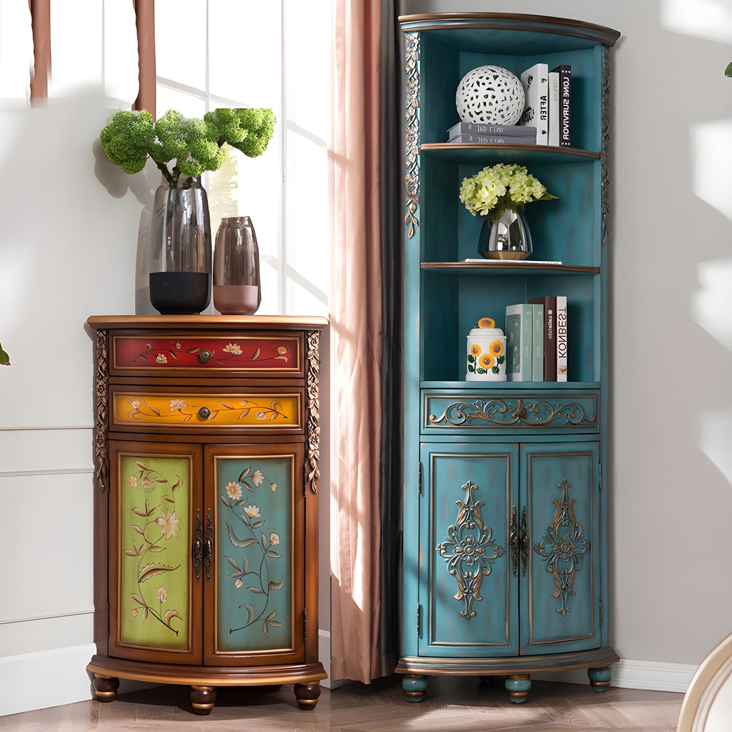 Rustic Corner Accent Cabinet with Wood Counter Top, Drawers, and Cabinet, Small Size - image 12