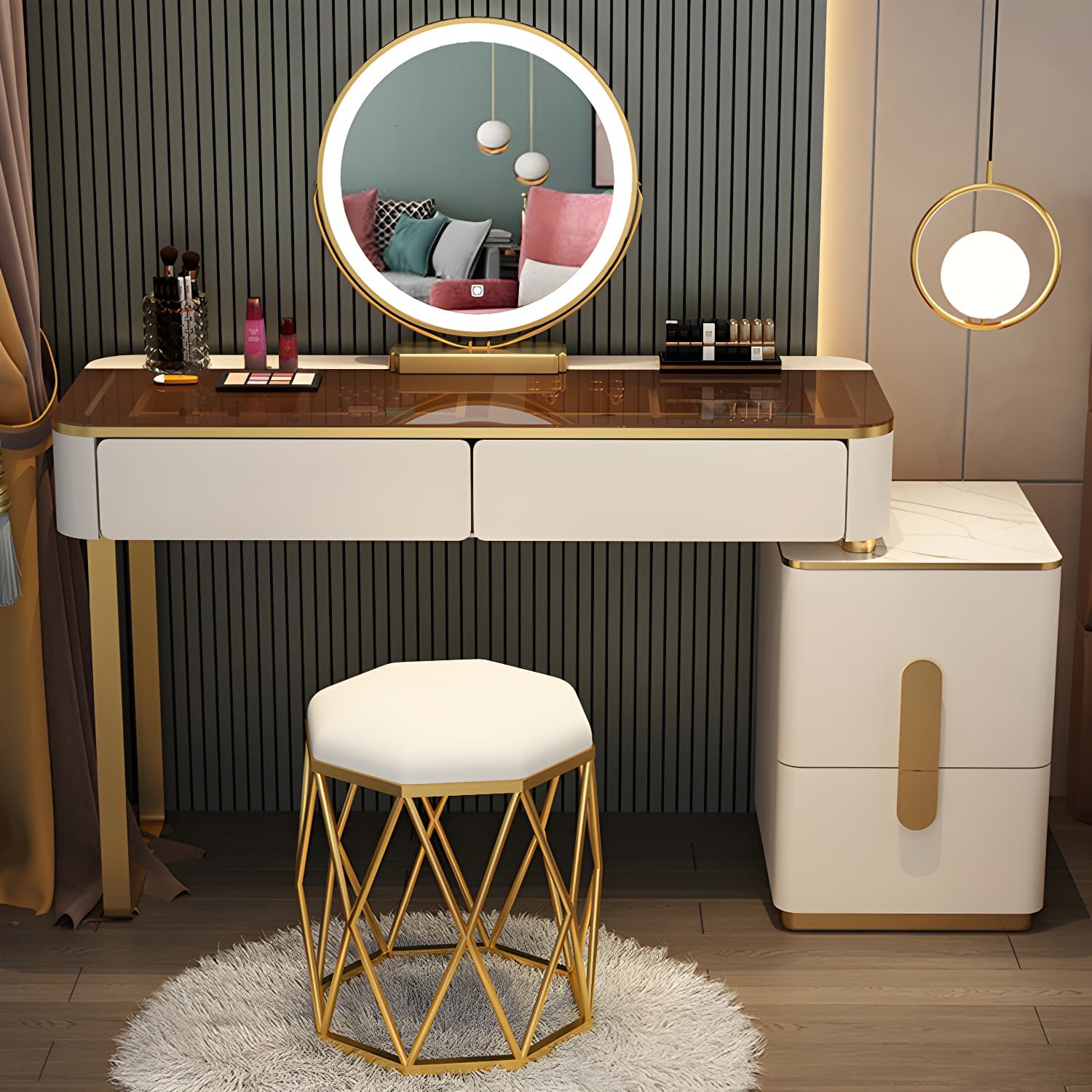 Glass Top Standing Makeup Vanity Set Lighted Mirror Makeup Vanity - image 4