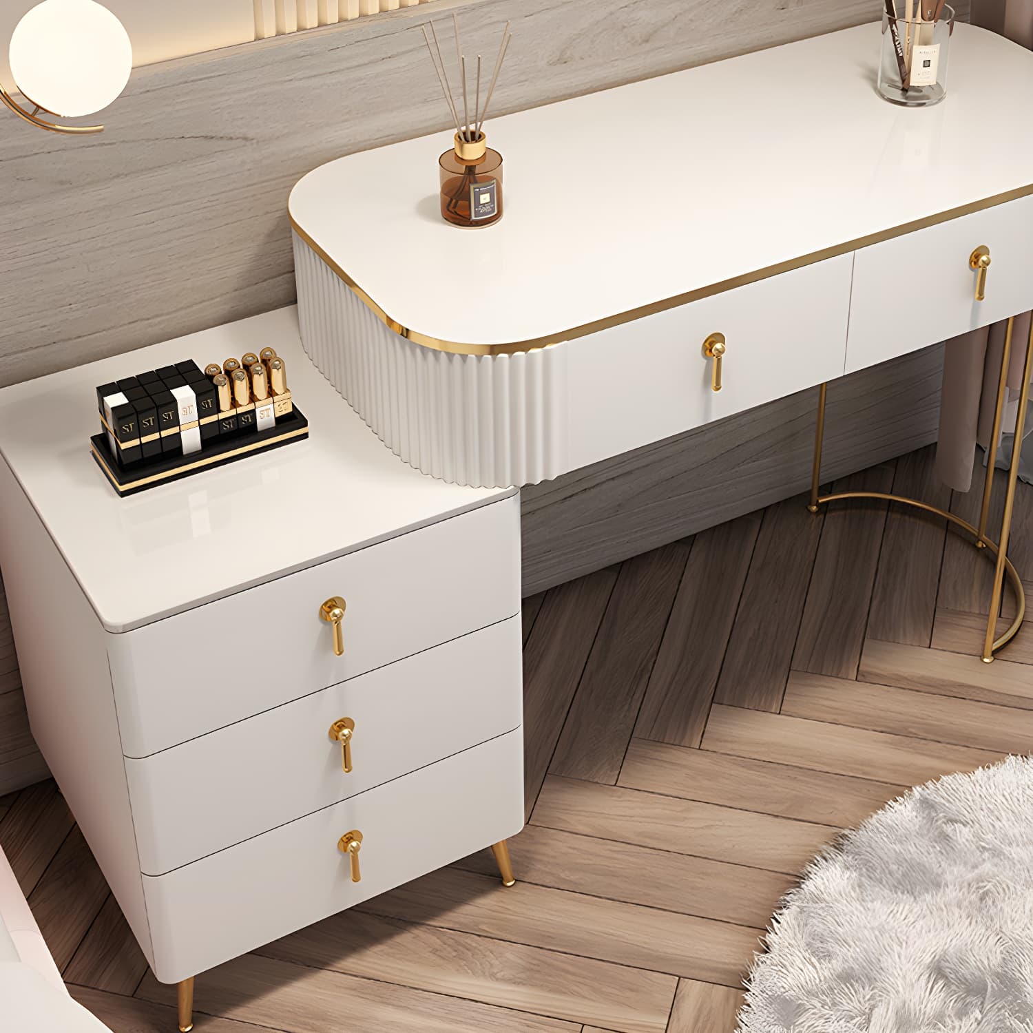 Contemporary Mirrored Wood Top Makeup Vanity Desk White/Gray Dressing Table - image 10