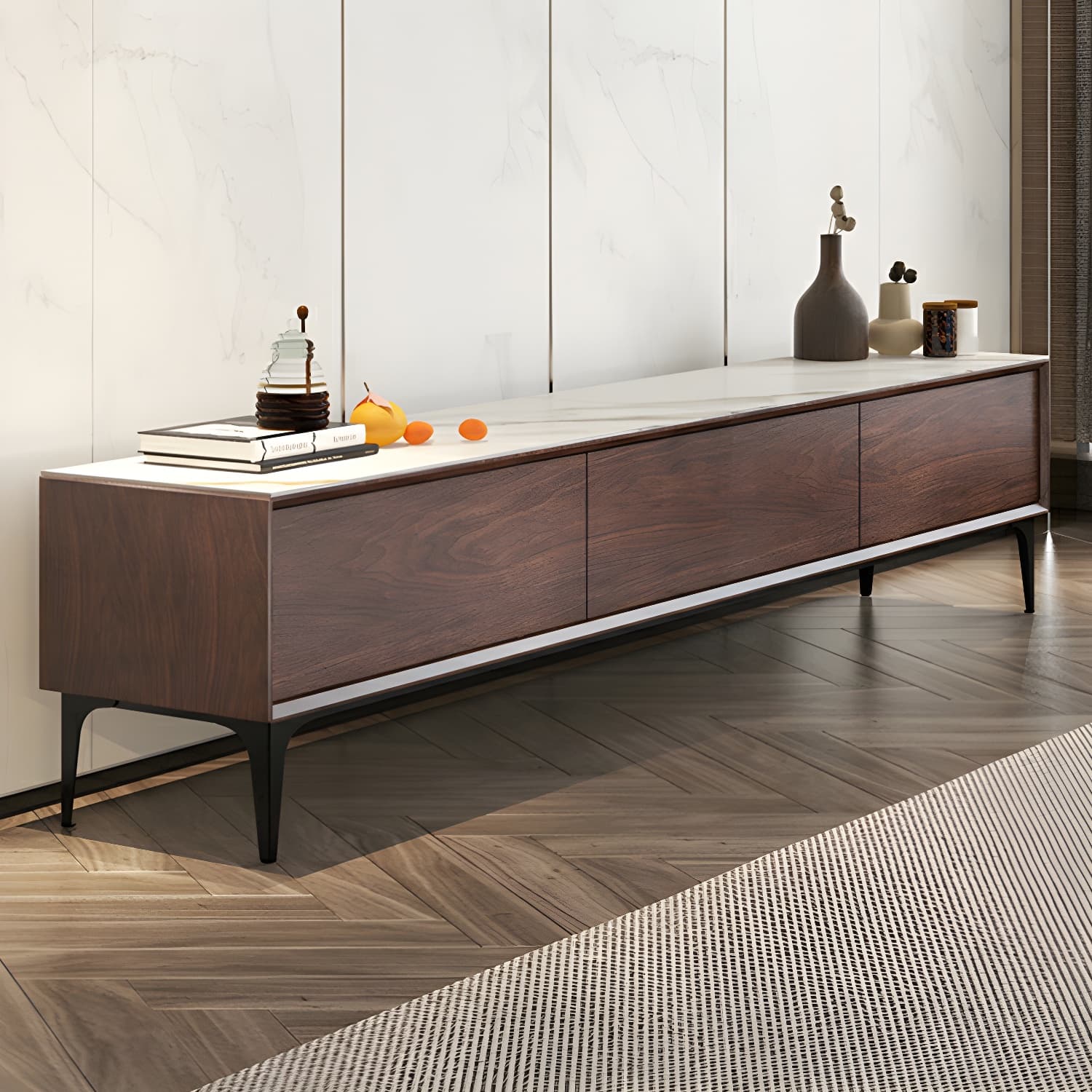 Scandinavian Style Wood TV Stand with Cable Management, Drawers Included - Low Height and With Legs - image 5