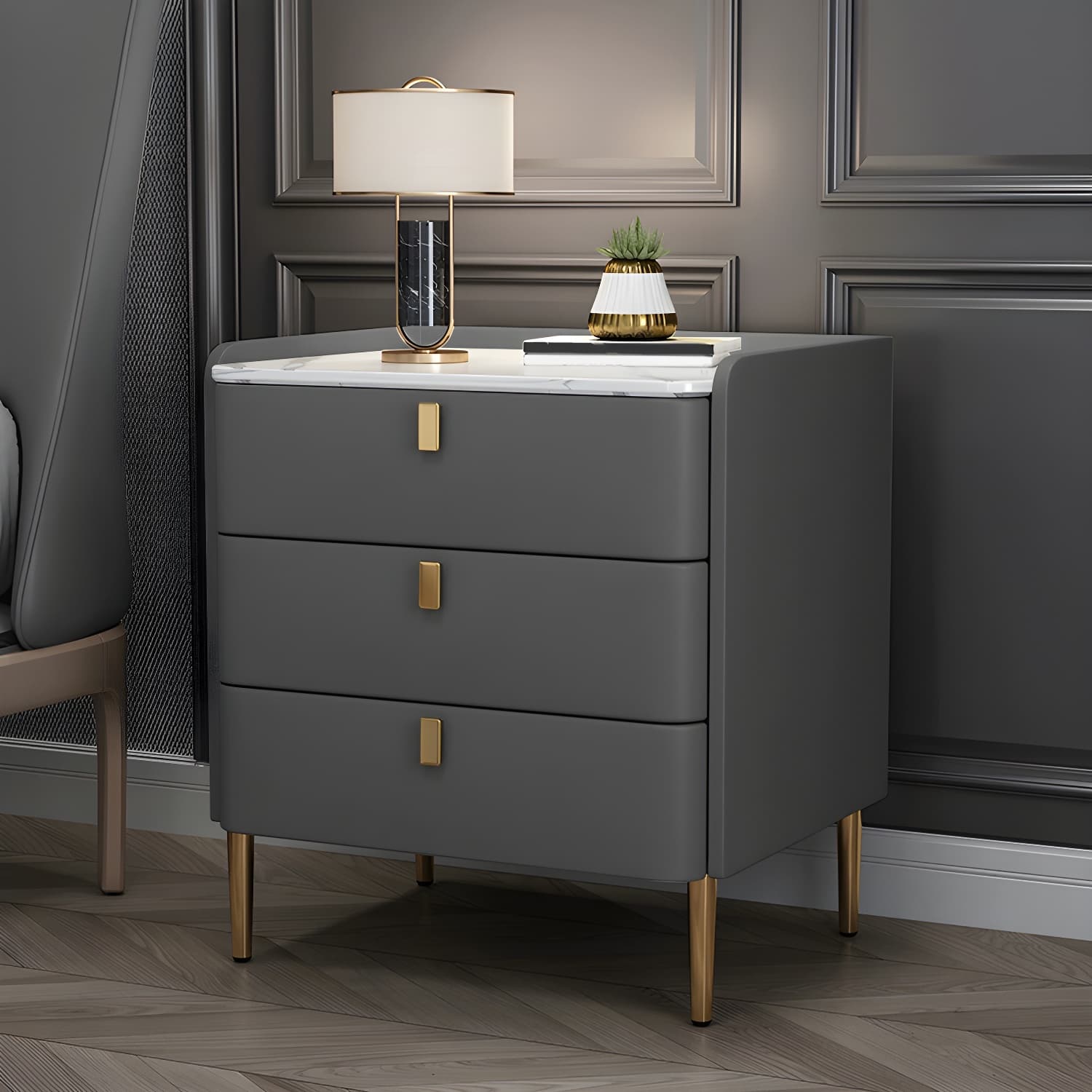 Glam Style Sintered Stone Top Drawer Storage Nightstand for Bedroom - image 9