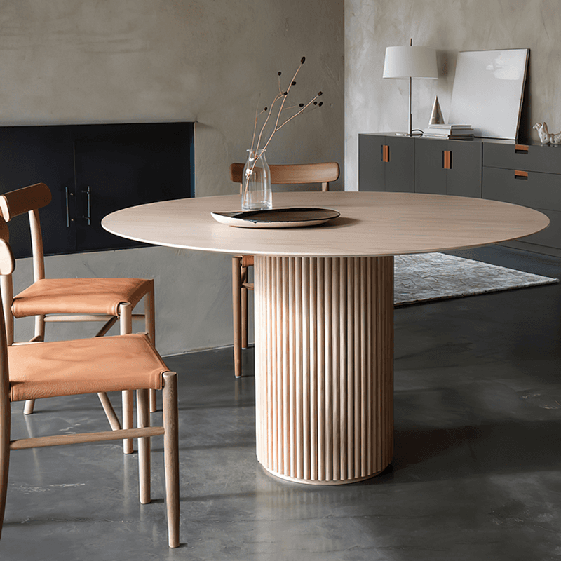 Fixed Rounded Dining Table for 4/2 People/Seats 6 with Ribbed Leg and a Slate/Wooden Tabletop in Natural/Chalk in a Nordic Style - image 4