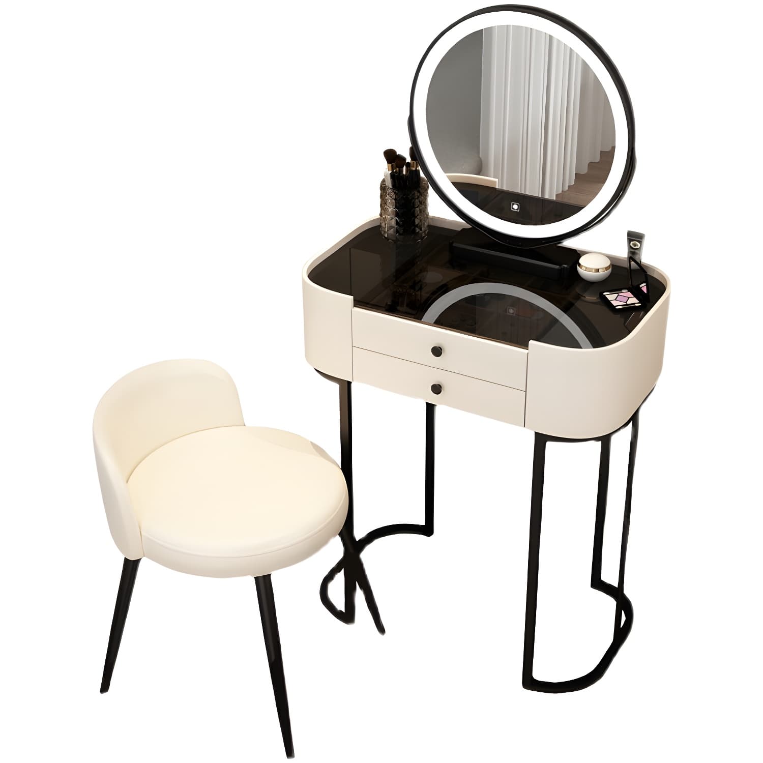Modern 2 - Drawer Vanity Makeup Dressing Table Glass Top Vanity Set with Mirror and Stool - image 5