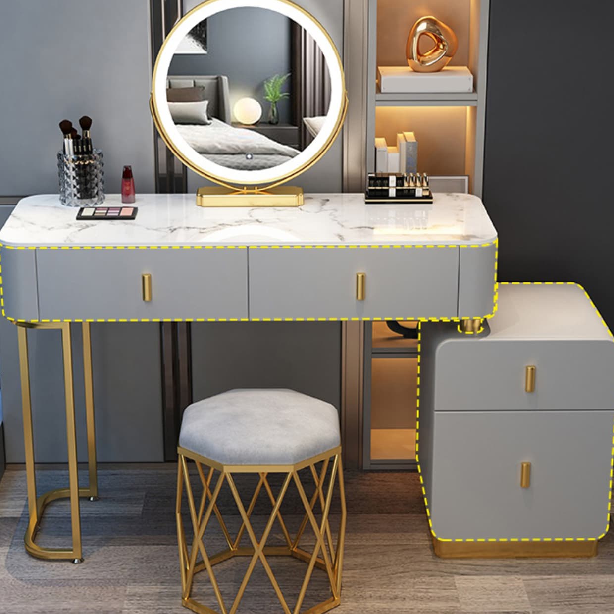 Wood Makeup Vanity Lighted Mirror Vanity Table and Stool Set - image 10