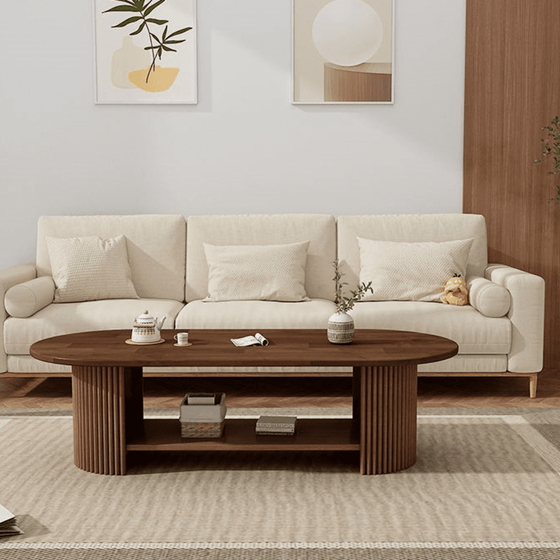 Oval Natural Wood Coffee Table with Twin Support Base, Repository, and 1 Shelf - image 3