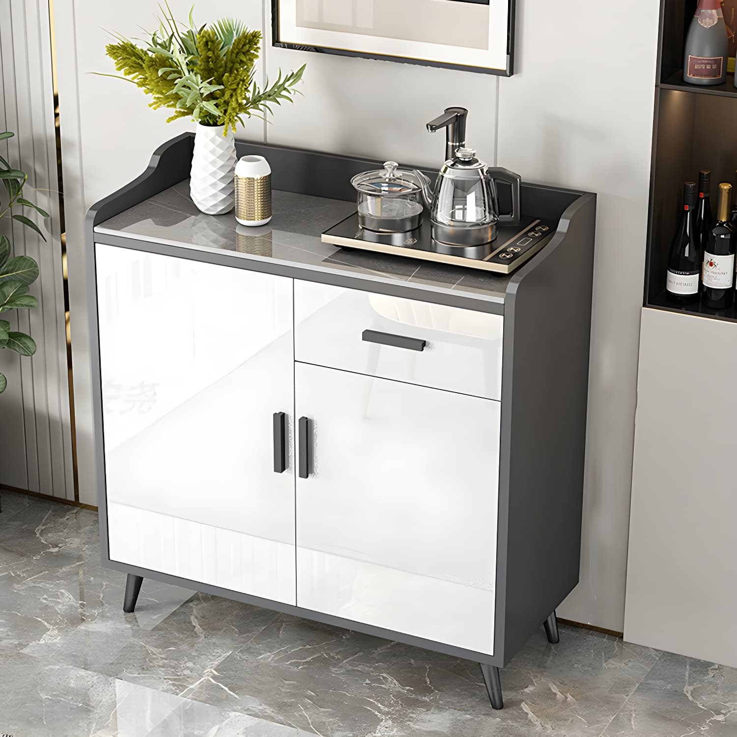 Modern Stone Top Shelves Included Sideboard with White & Grey Manufactured Wood Door