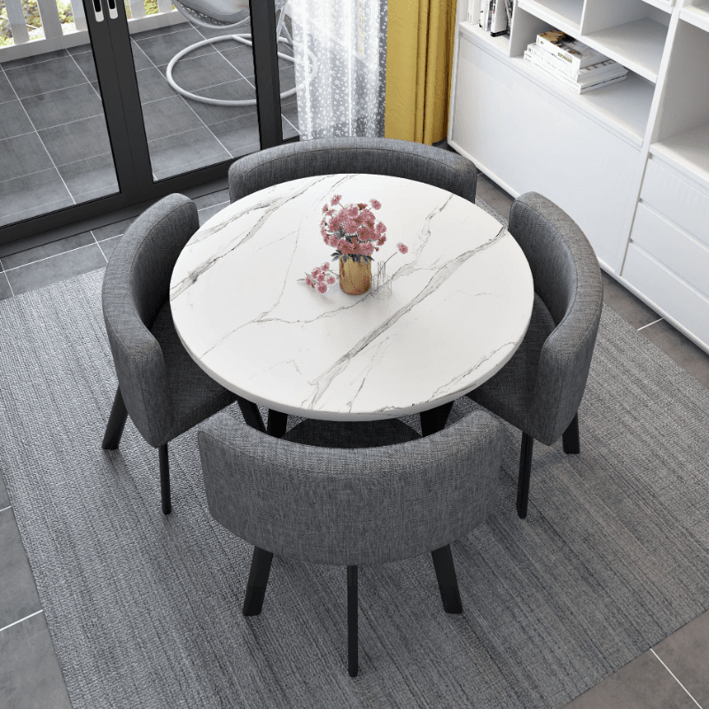 Minimalist Dining Table Set with Rounded Recycled Wood Top, Padded Chair, Back Seat, White Color - image 4