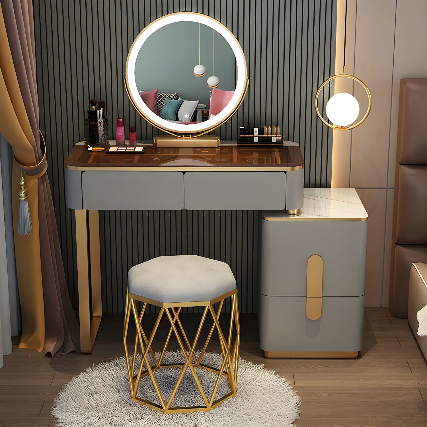 Glass Top Standing Makeup Vanity Set Lighted Mirror Makeup Vanity - image 3