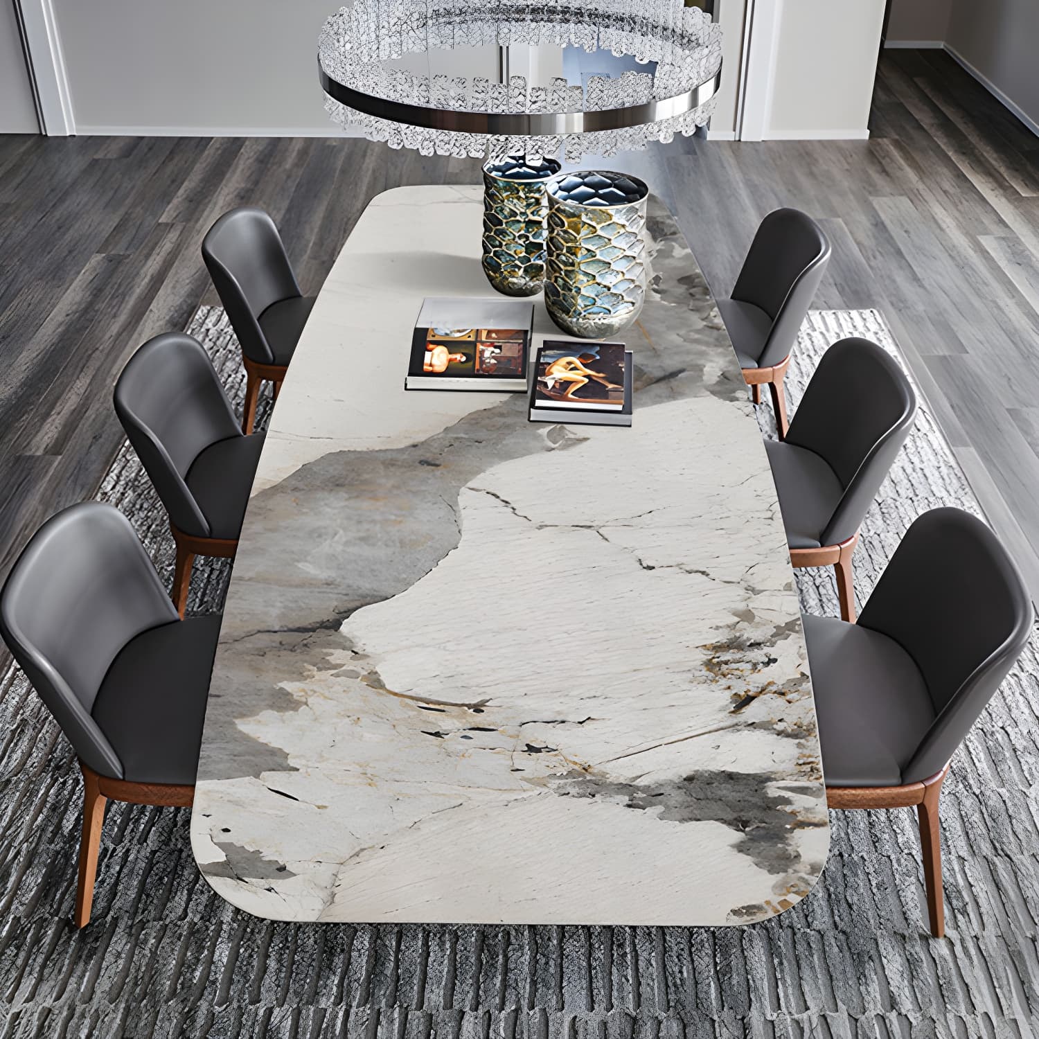 Stone Top Dining Table Industrial Rectangle Table with Pedestal Base - image 15