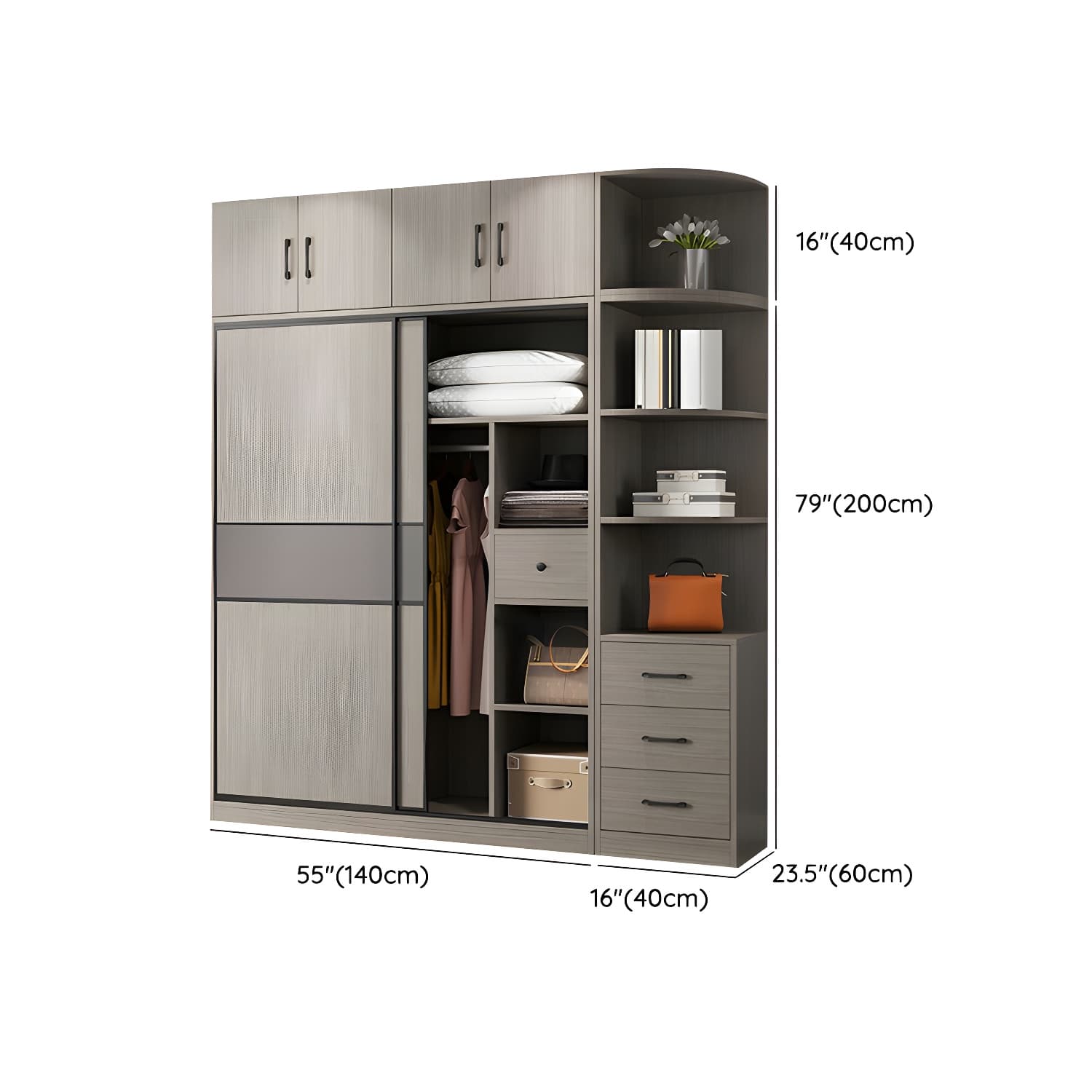 Contemporary Plate Storage Wood Wardrobe with Clothing Rod and Shelves in Light Grey - image 21