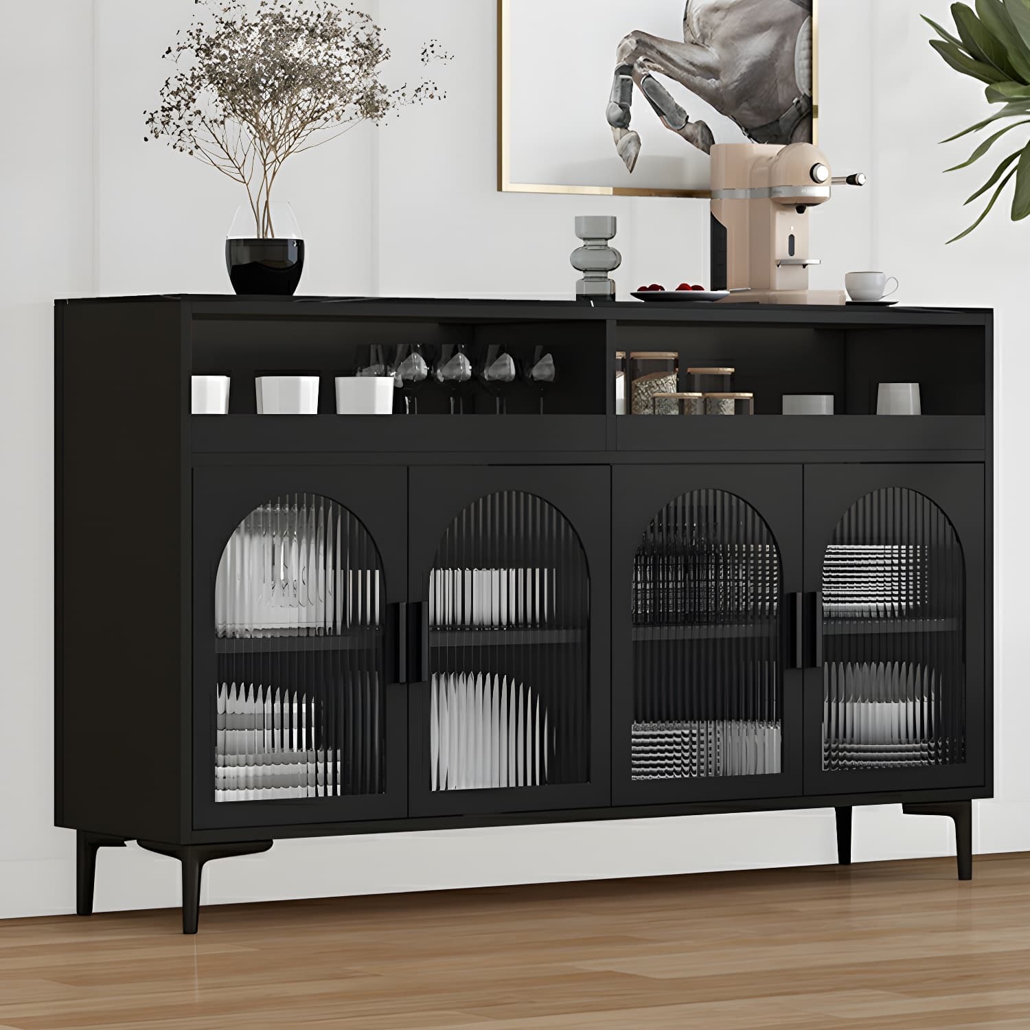 Modern Wood Buffet Sideboard with Stone Countertop and Glass Doors - image 6