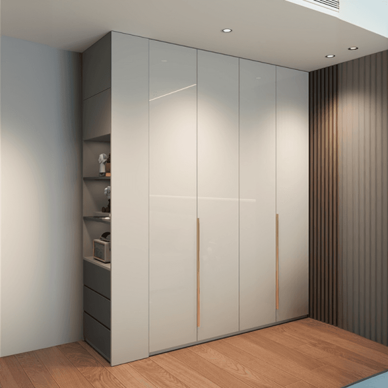 Gray Contemporary Timber Self-supporting Wardrobe Armoire with Soft Close Drawer, Soft Close Door, and Interior Shelves