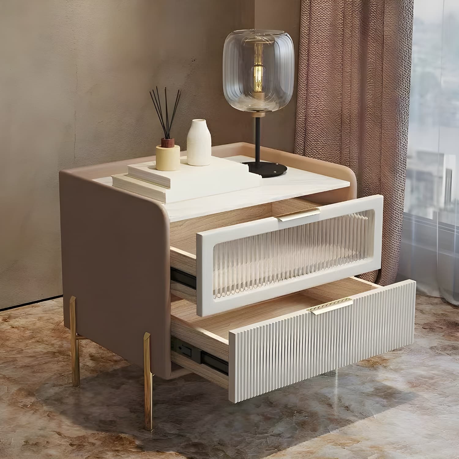 Glam 4 Gold Legs Storage Drawer Nightstand with Glass Drawer Door - image 11
