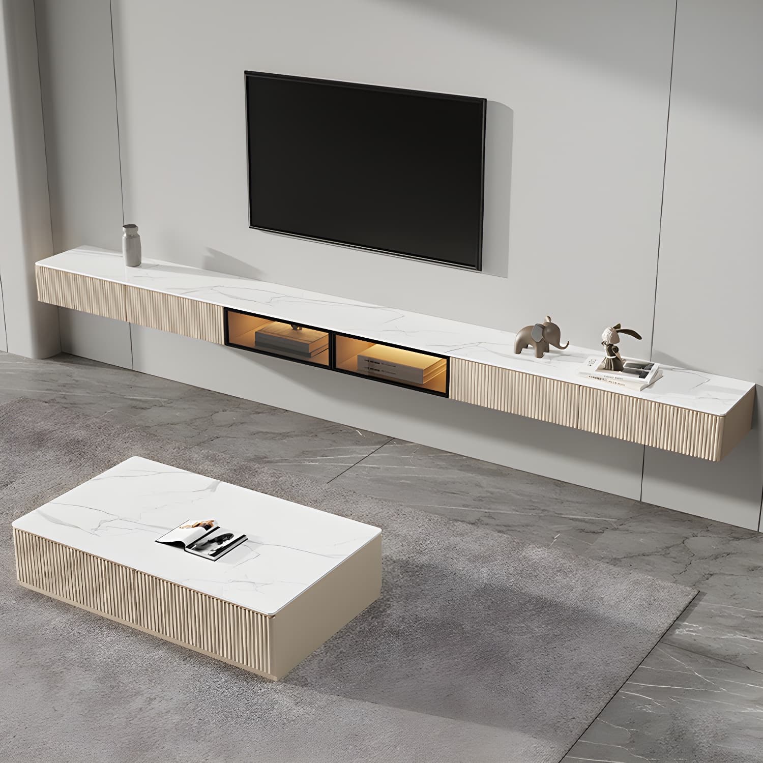 Glam Wall-mounted TV Media Stand Slate Top Wood Frame with Storage