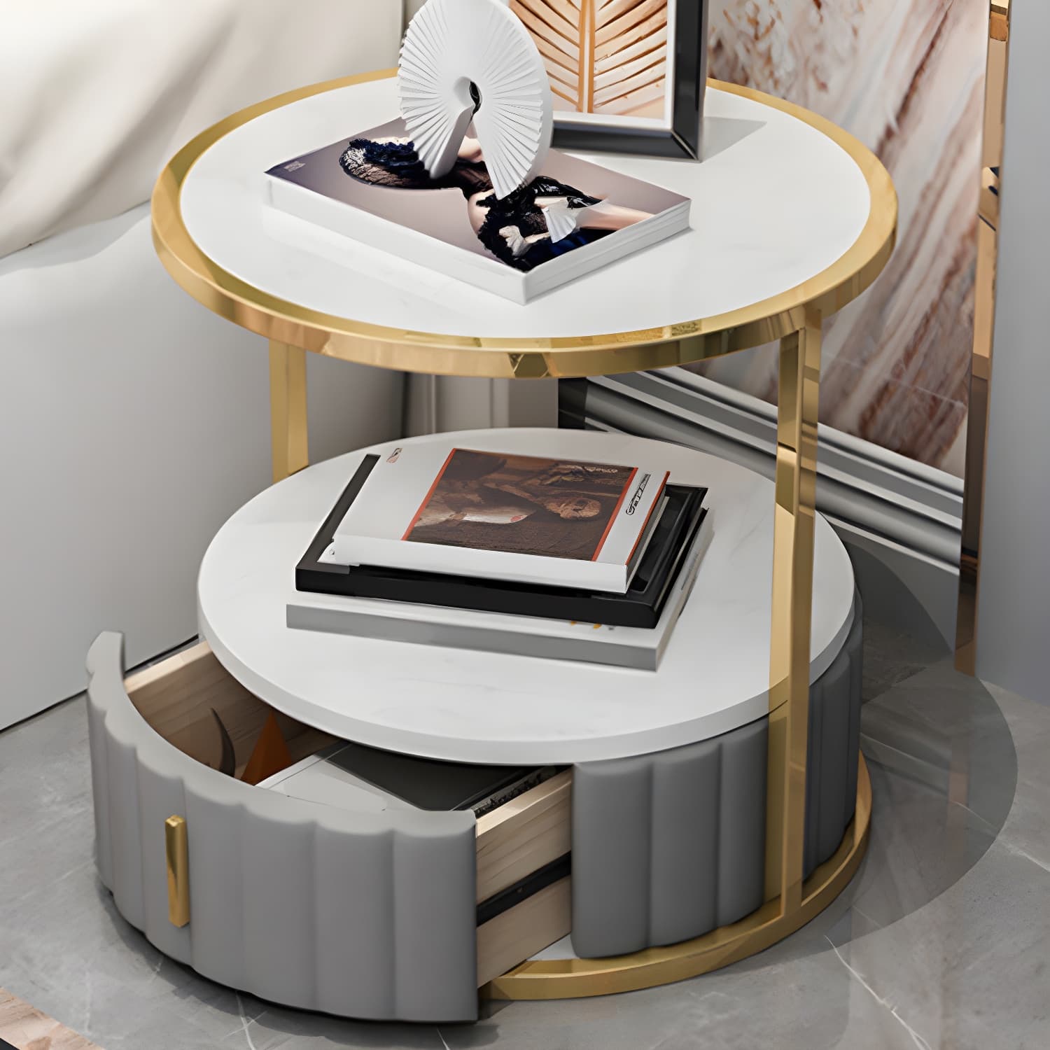 Modern Open Storage Nightstand Stone Top 20 Inch Tall 1-Drawer Night Table - image 7