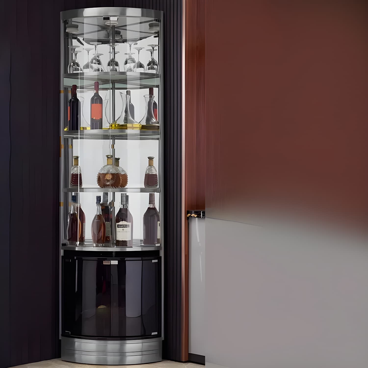 Corner Modern Accent Cabinet with Wood Counter Top, Glass Doors, and Metal Base - image 7