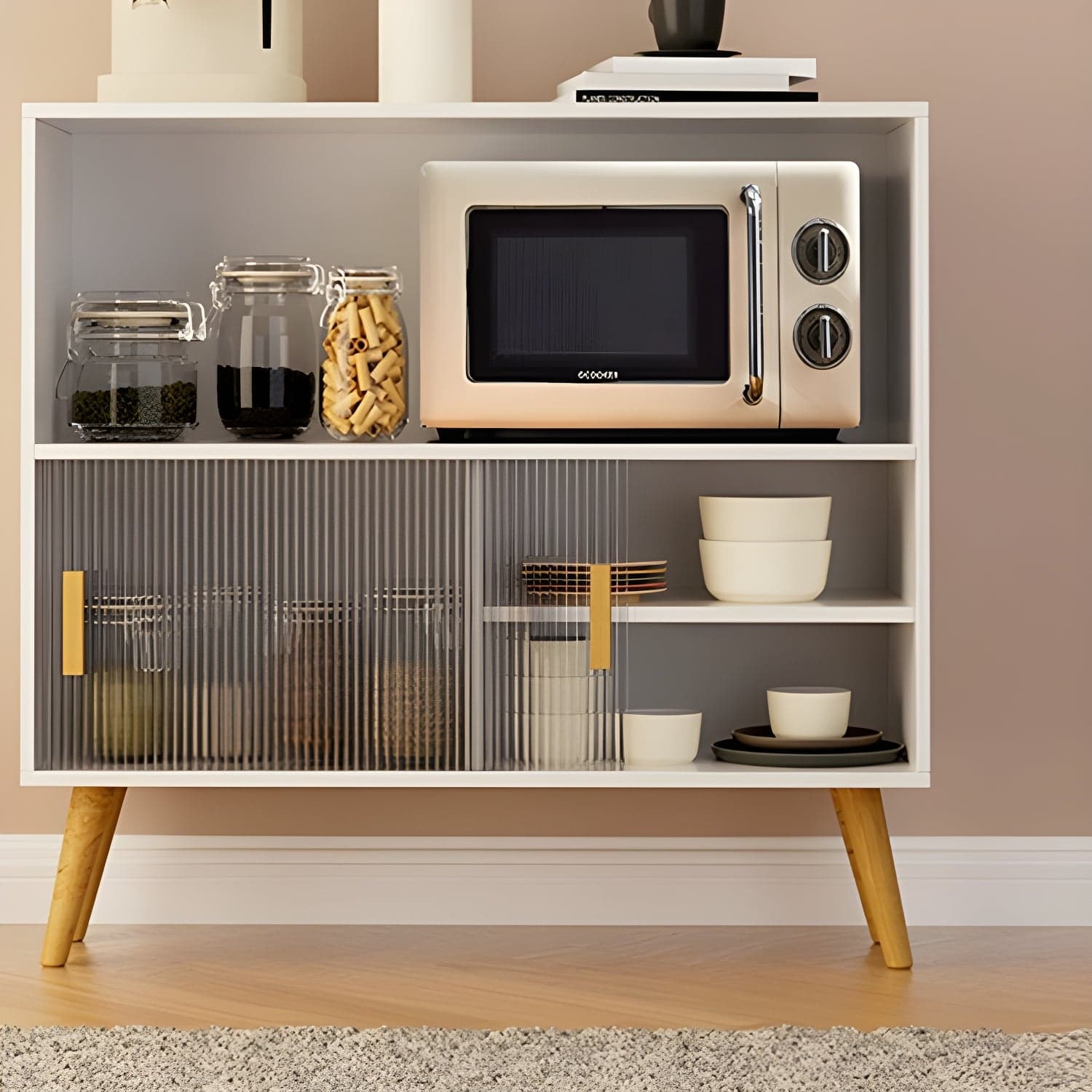 Scandinavian Wood Buffet Table with Acrylic Sliding Doors and Cabinet - image 8