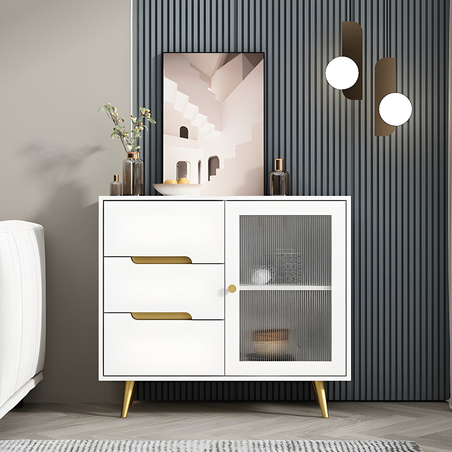 3-Drawer Engineered Wood Sideboard Modern Glass Doors Cabinets Credenza for Living Room - image 5
