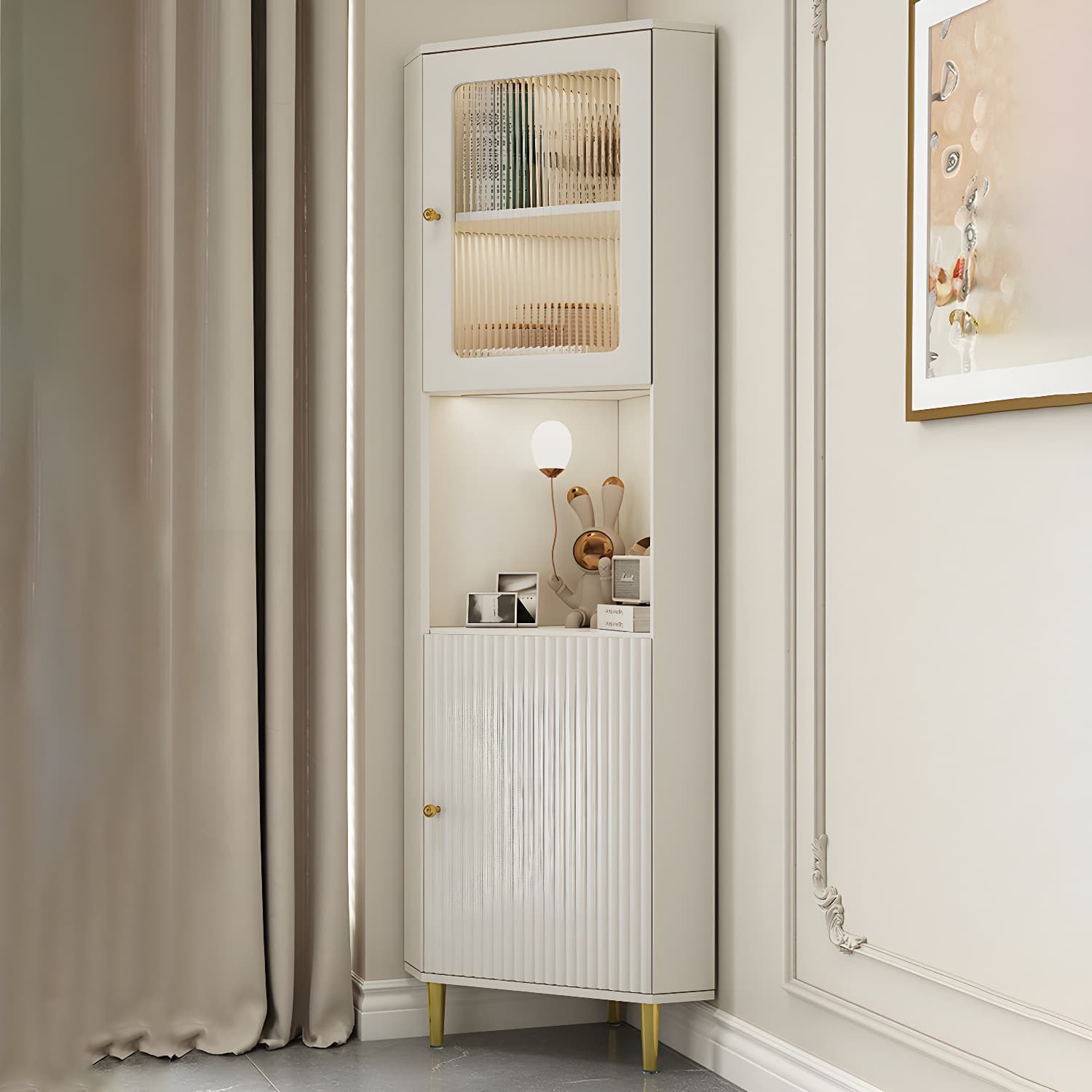 White Corner Modern Accent Cabinet with Stone Countertop, Glass Doors, and Cabinet Included